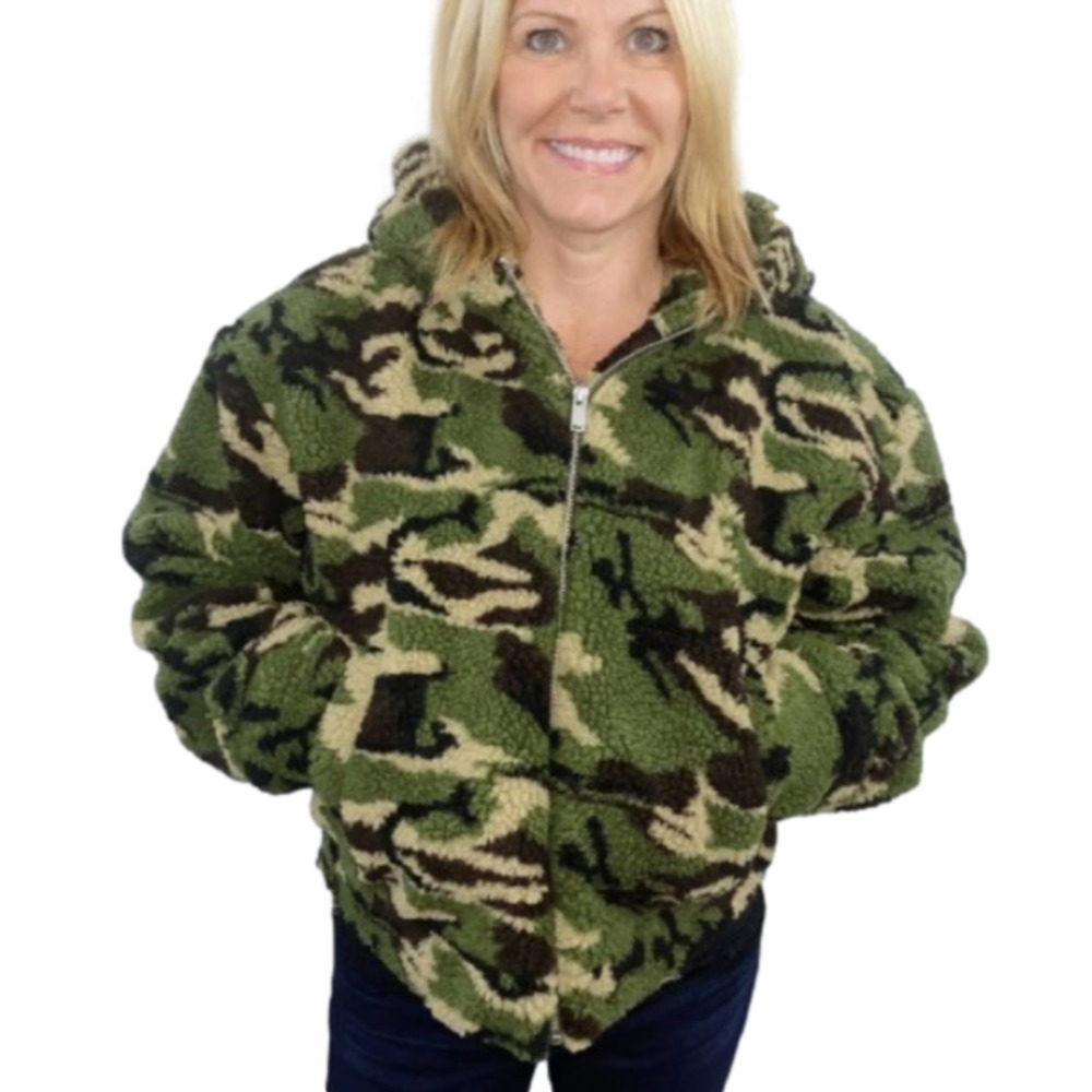 AUDREY Teddy Bear Sherpa HoodedArmy Camo  Jacket NWT - Picture 2 of 12